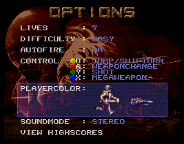 Options:This is one of the few games where you can customize your colors!The character looks a little goofy: an oversized head, oversized gun, and no face, but the ship is cool.