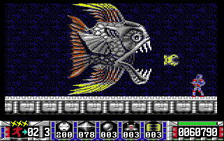 Level 2-1: Der Riesenpiranha spuckt kleine Fische aus.